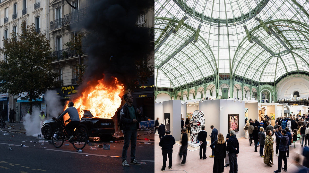 巴黎抗議現場與 Art Basel Paris 大皇宮主廳對比